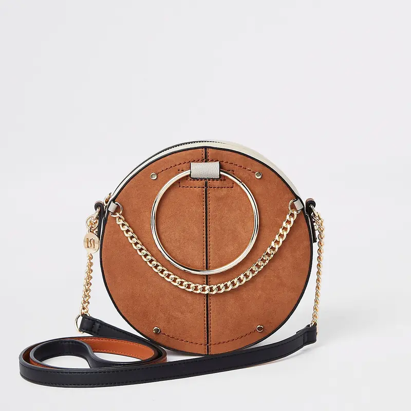 Beige Circular Crossbody Bag With Ring Handle 1