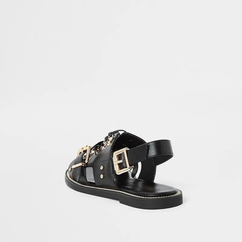 Black Faux Leather Sandals With Chain Detail 1