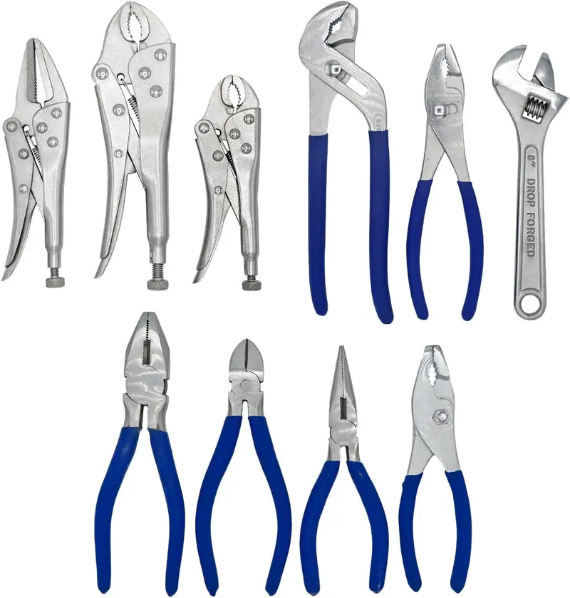 Ultra Steel 10-Piece Wrench & Plier Combo – Heat-Treated Carbon Steel, Includes Locking, Vice, Diagonal, Long Nose, Lineman, Groove Joint & Adjustable Styles 1